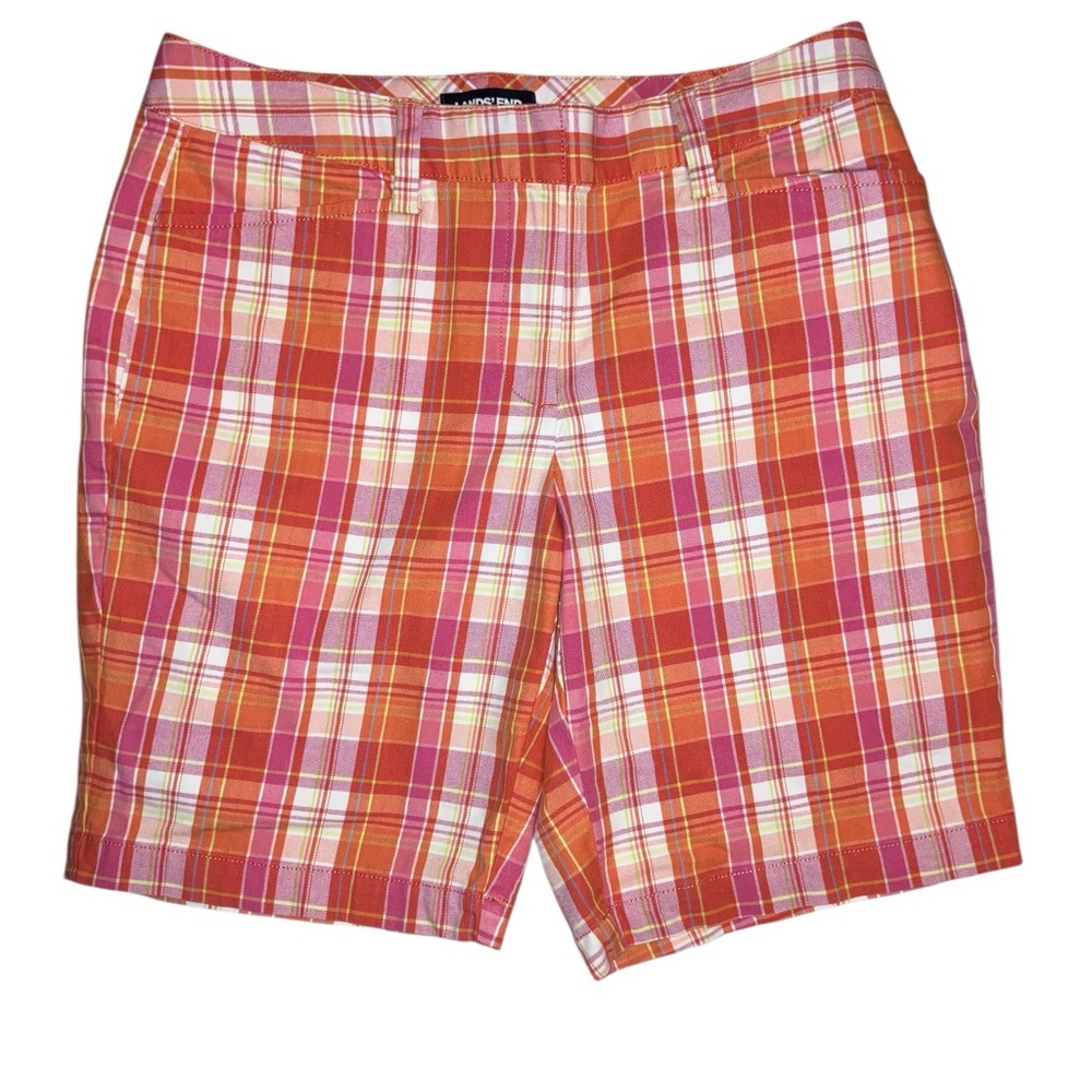 Land’s End Women's Mid Rise Plaid Shorts - Orange and Pink  - 6P